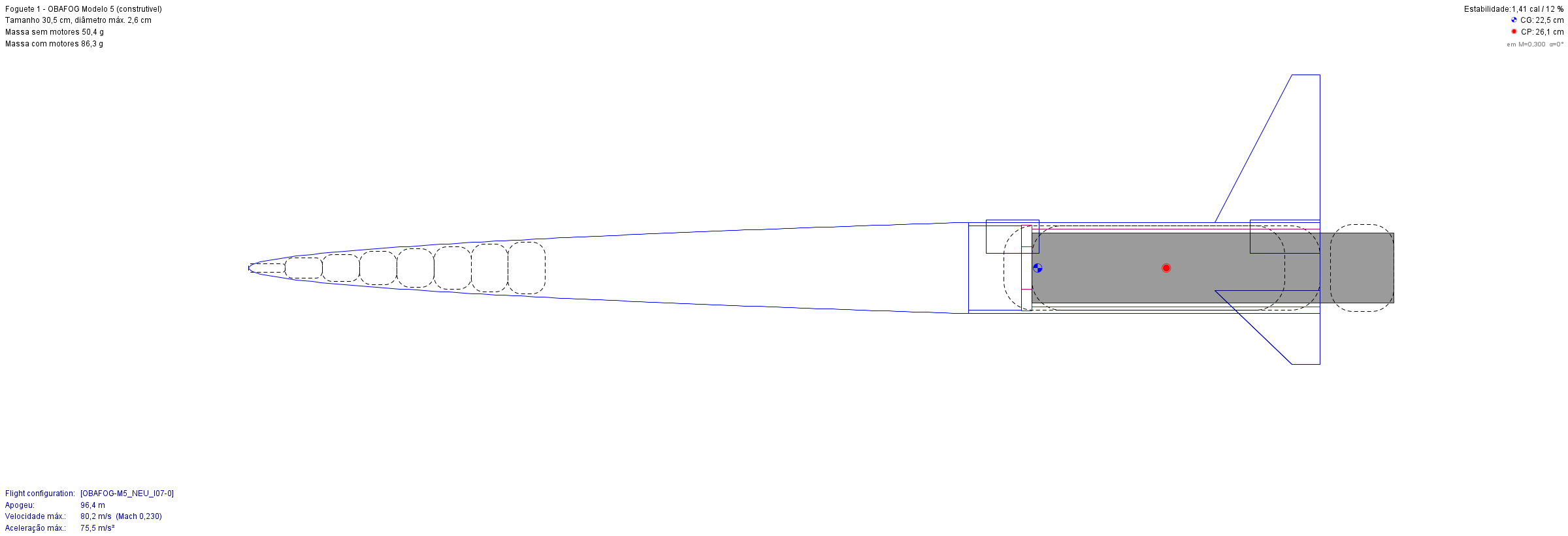 Foguete 1 variante A no OpenRocket, vista lateral