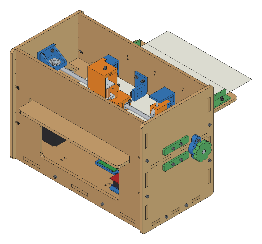 Modelo 3D da impressora: caixa de MDF aberta em cima, com o carro do solenoide sobre a folha e o manípulo do papel na lateral